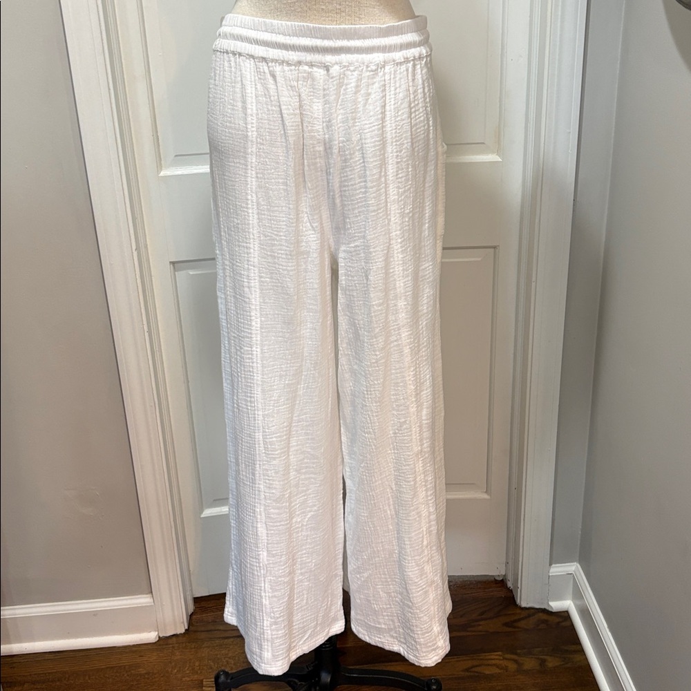 Lucky Brand sz L white 100% cotton gauzy elastic waist wide leg pants NWT - Picture 3 of 8